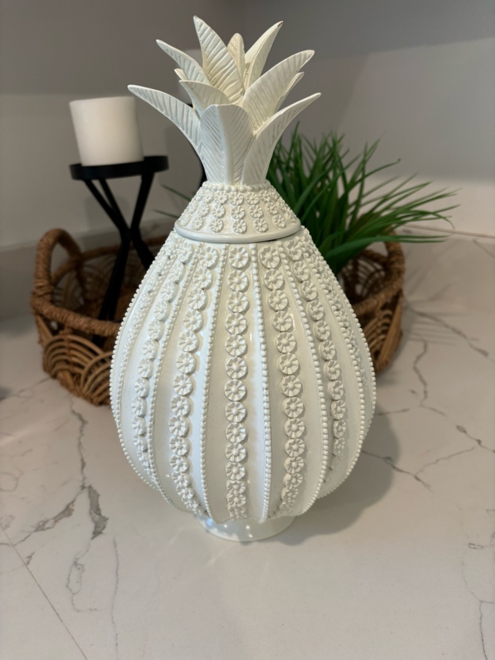 Nate Berkus Lacquer Pineapple White Decor Piece Removable Lid Floral 11”x 6” - Picture 7 of 11